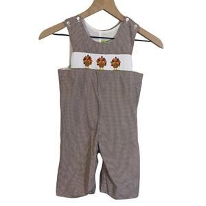 Classic Whimsy Checkered Embroidered Turkey Longalls Romper Sz 24 M Brown White